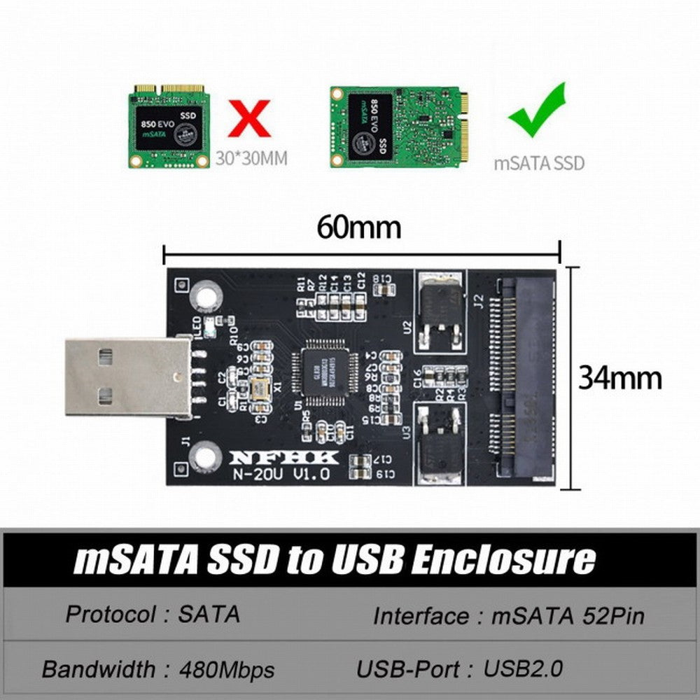 CY Mini PCI-E mSATA to USB 2.0 External SSD PCBA Conveter Adapter Pen Driver Card without Case U2-008