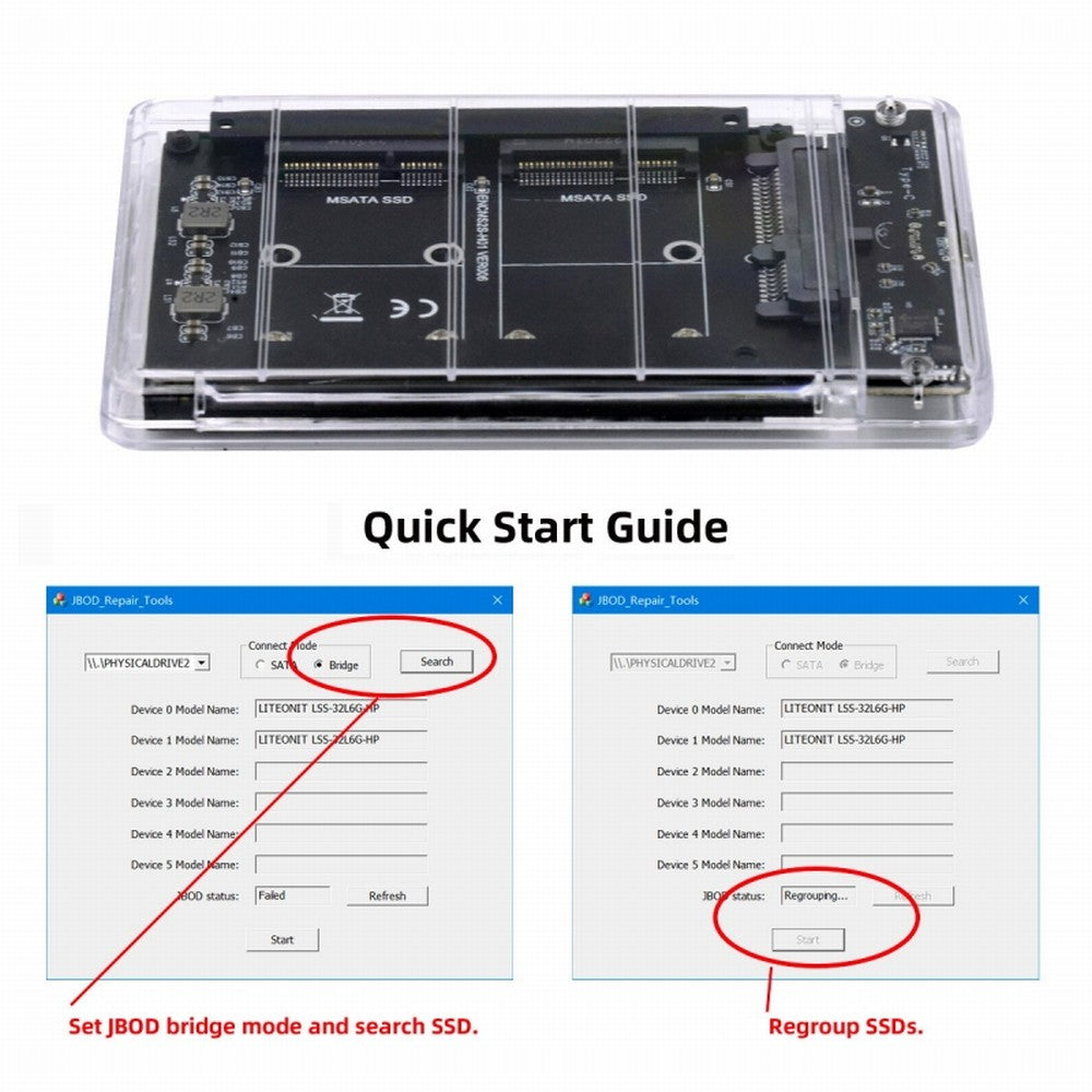 CY Dual MSATA Mini-SATA SSD Card JBOD Raid0 Span Bridge to USB3.0 Type-C USB-C 2.5inch SATA Combo Enclosure SA-049+UC-079-WH