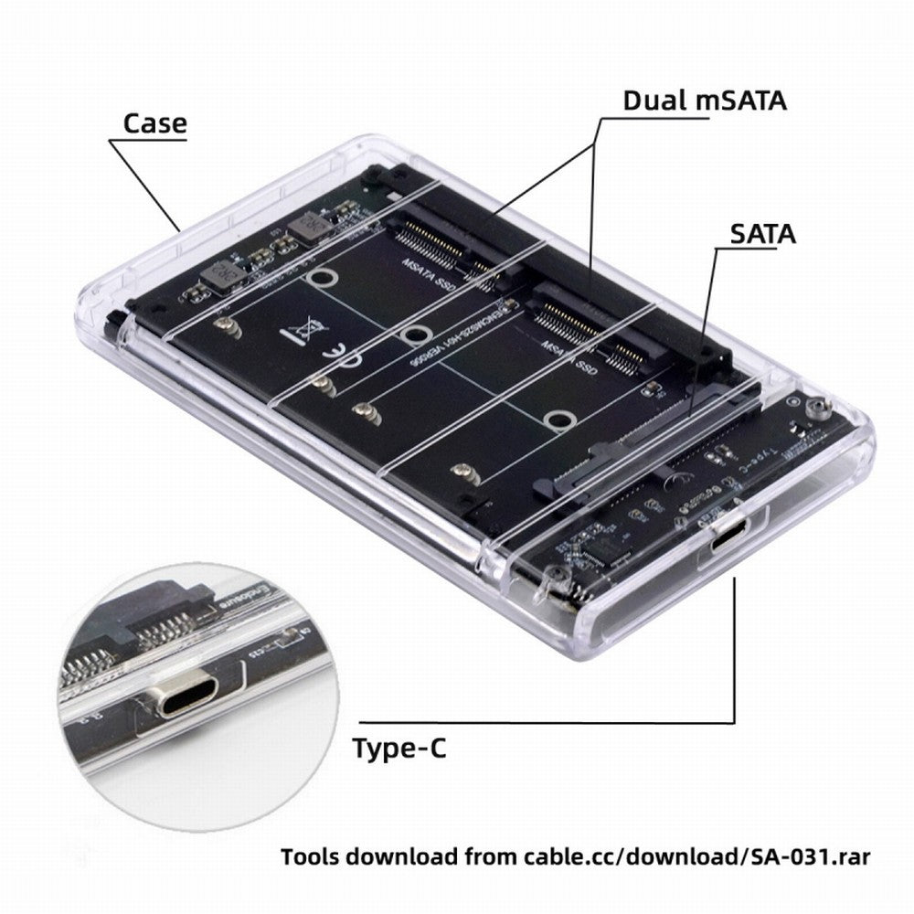 CY Dual MSATA Mini-SATA SSD Card JBOD Raid0 Span Bridge to USB3.0 Type-C USB-C 2.5inch SATA Combo Enclosure SA-049+UC-079-WH