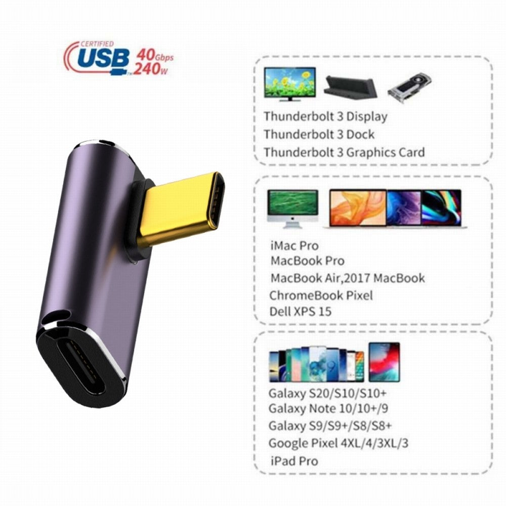 CY USB4 Type C Male to Female 240W Power 40Gbps Data 8K Video Adapter Low Profile Left Right Angled for NS Phone Laptop UC-025-LP