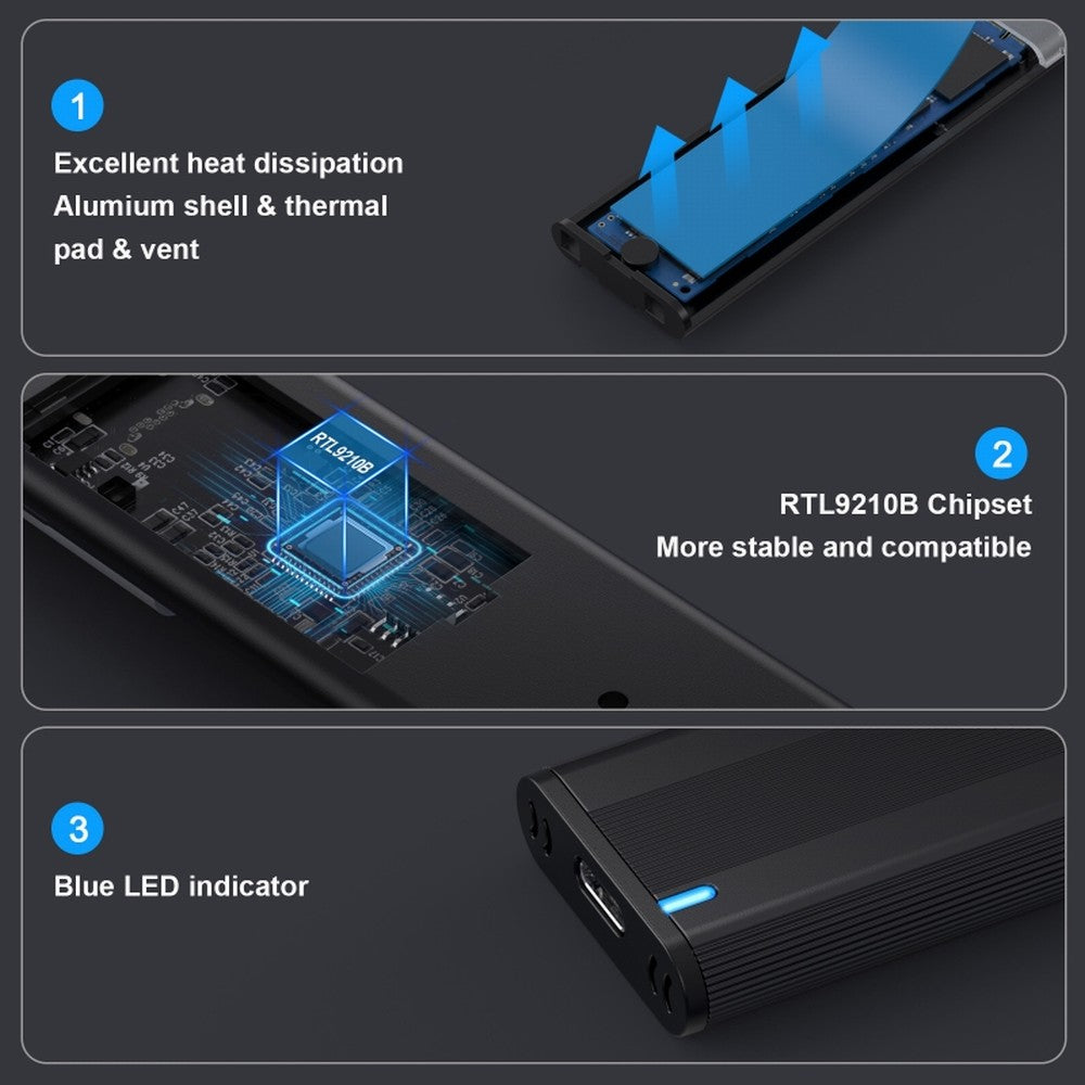 CY USB 3.0 USB-C Type-C to NVME M-key M.2 NGFF SATA SSD External PCBA Case Enclosure RTL9210B Chipset UC-145