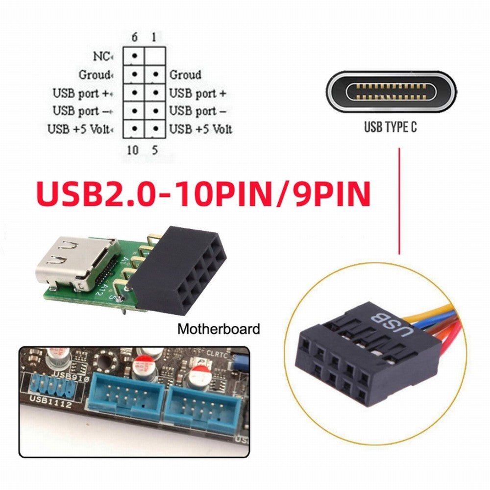 CY Single Port USB 3.1 Type C USB-C Female to USB 2.0 Motherboard 9pin 10pin Header Adapter PCBA 480Mbps UC-141-TC001