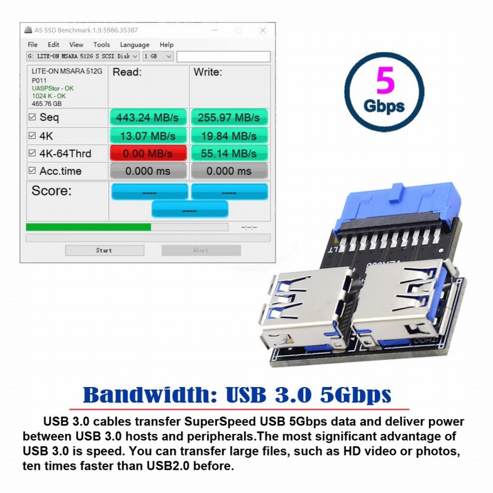 CY Dual USB 3.0 A Type Female to Motherboard 20/19 Pin Box Header Slot Adapter 5Gbps Horizontal Type PCBA U3-079-RI