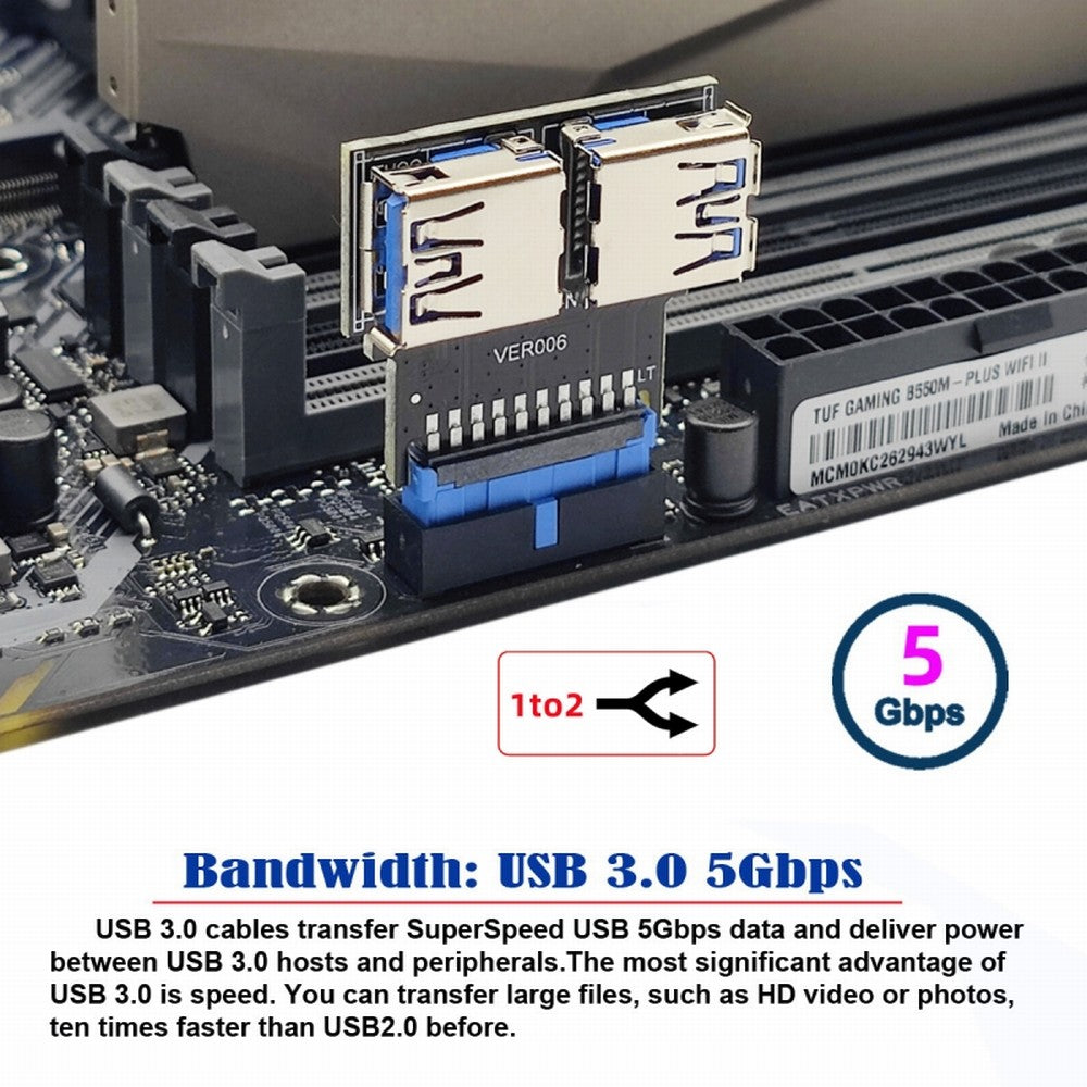 CY Dual USB 3.0 A Type Female to Motherboard 20/19 Pin Box Header Slot Adapter 5Gbps Horizontal Type PCBA U3-079-RI