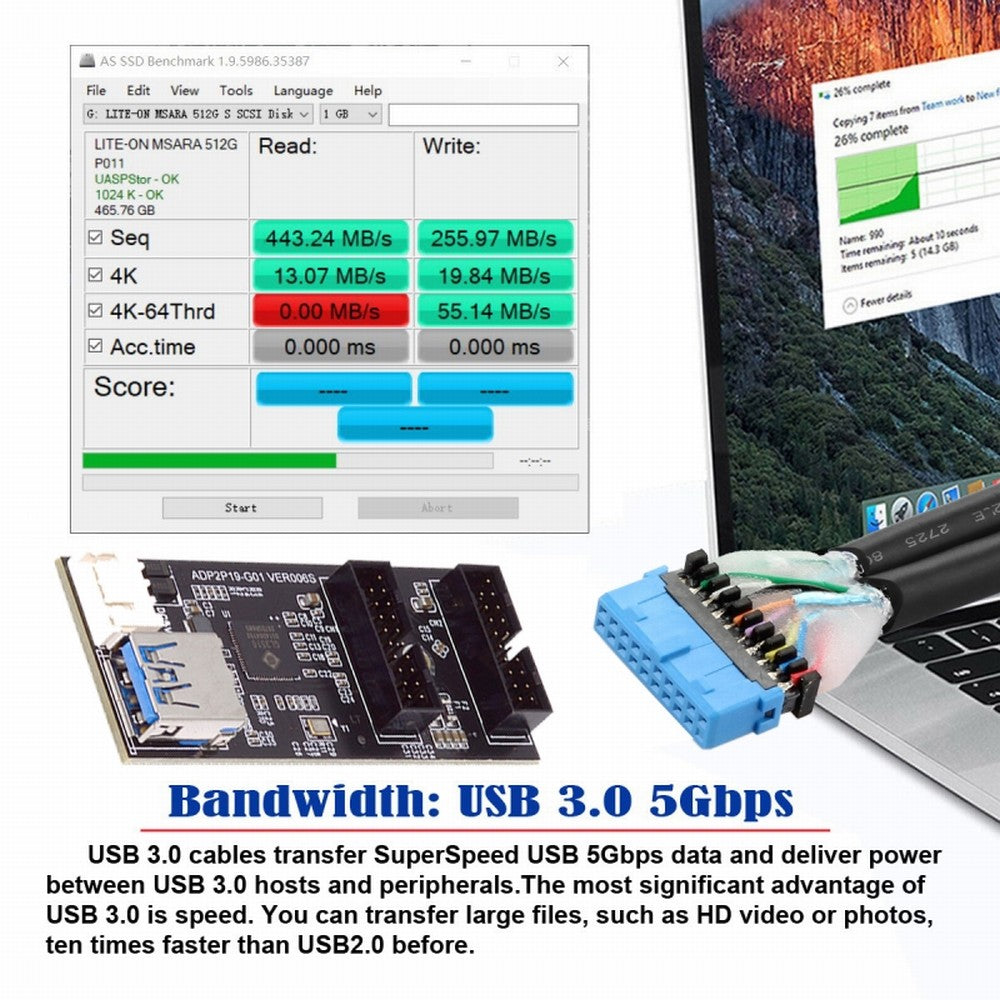 CY Single 19/20Pin Header to USB 3.0 19/20Pin Dual Ports Female PCBA Type Adapter Splitter HUB 5Gbps U3-084-AF