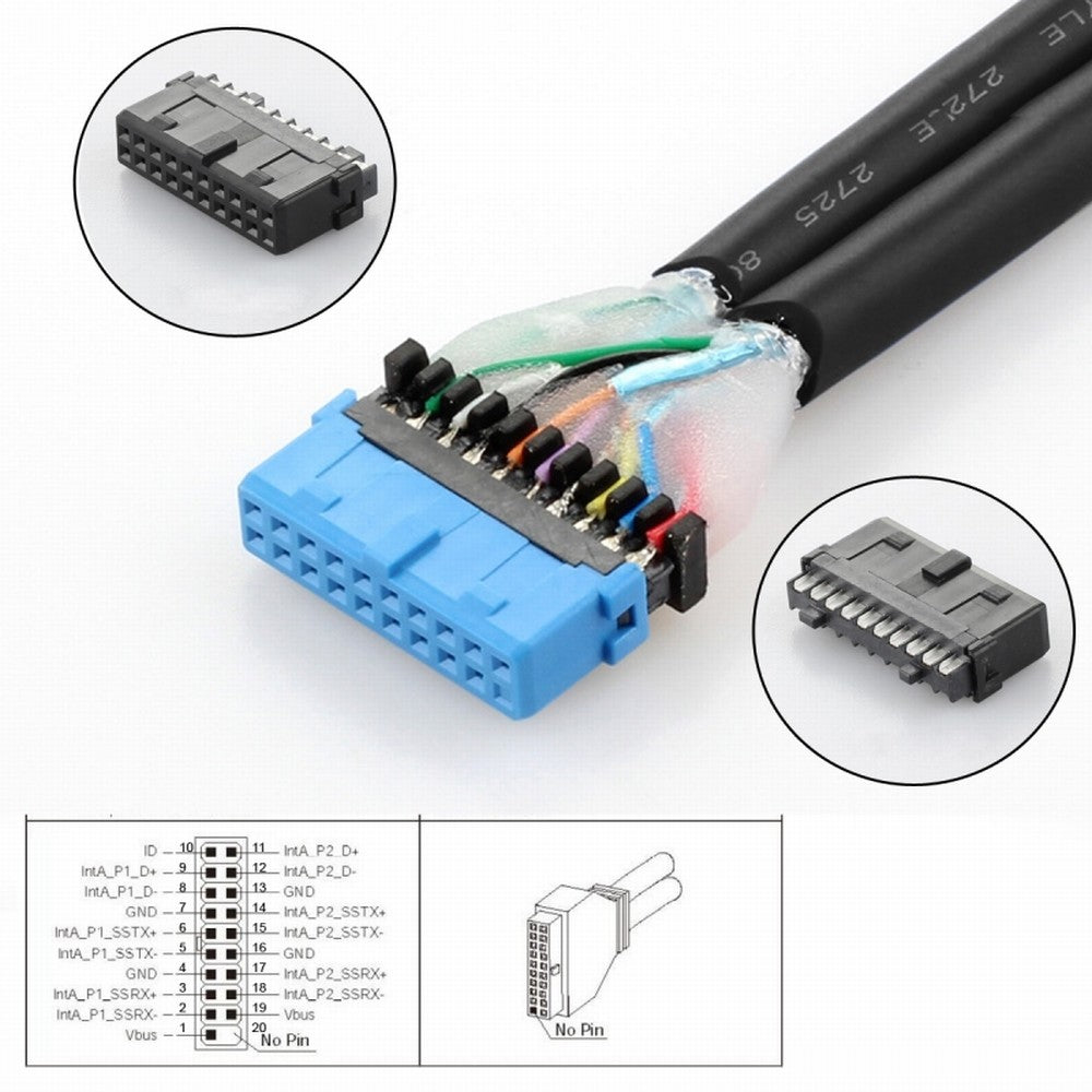 CY Single 19/20Pin Header to USB 3.0 19/20Pin Dual Ports Female PCBA Type Adapter Splitter HUB 5Gbps U3-084-AF