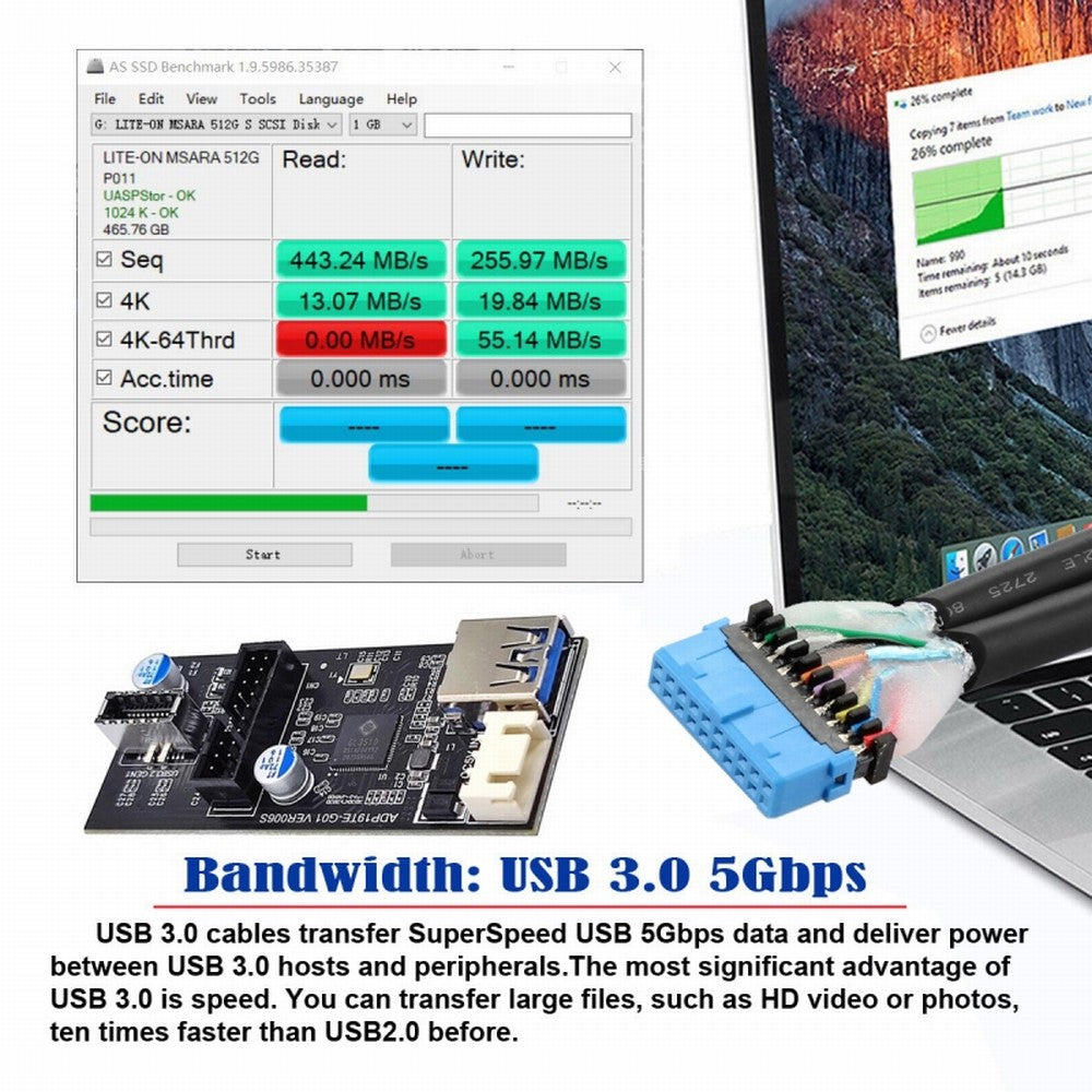 CY Single 19/20Pin Header to USB 3.0 20Pin & Type-E Dual Ports Female PCBA Type Adapter Splitter HUB 5Gbps U3-084-EF