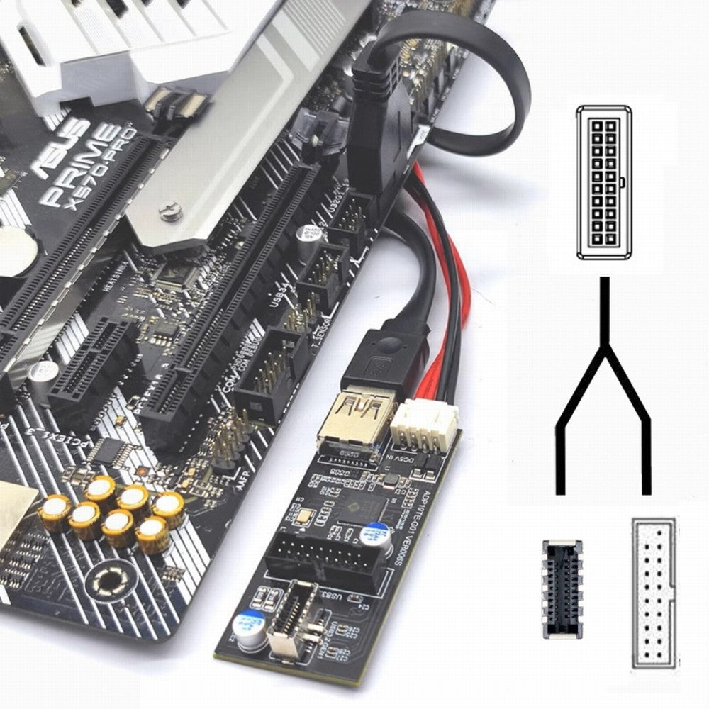 CY Single 19/20Pin Header to USB 3.0 20Pin & Type-E Dual Ports Female PCBA Type Adapter Splitter HUB 5Gbps U3-084-EF