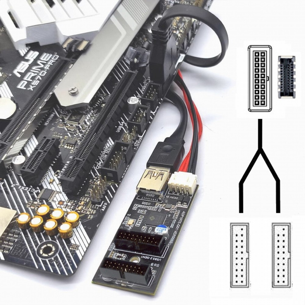 CY Type-E or 19/20Pin Header to USB 3.0 19/20Pin Dual Ports Female PCBA Type Adapter Splitter HUB 5Gbps U3-084-AF+UC-117