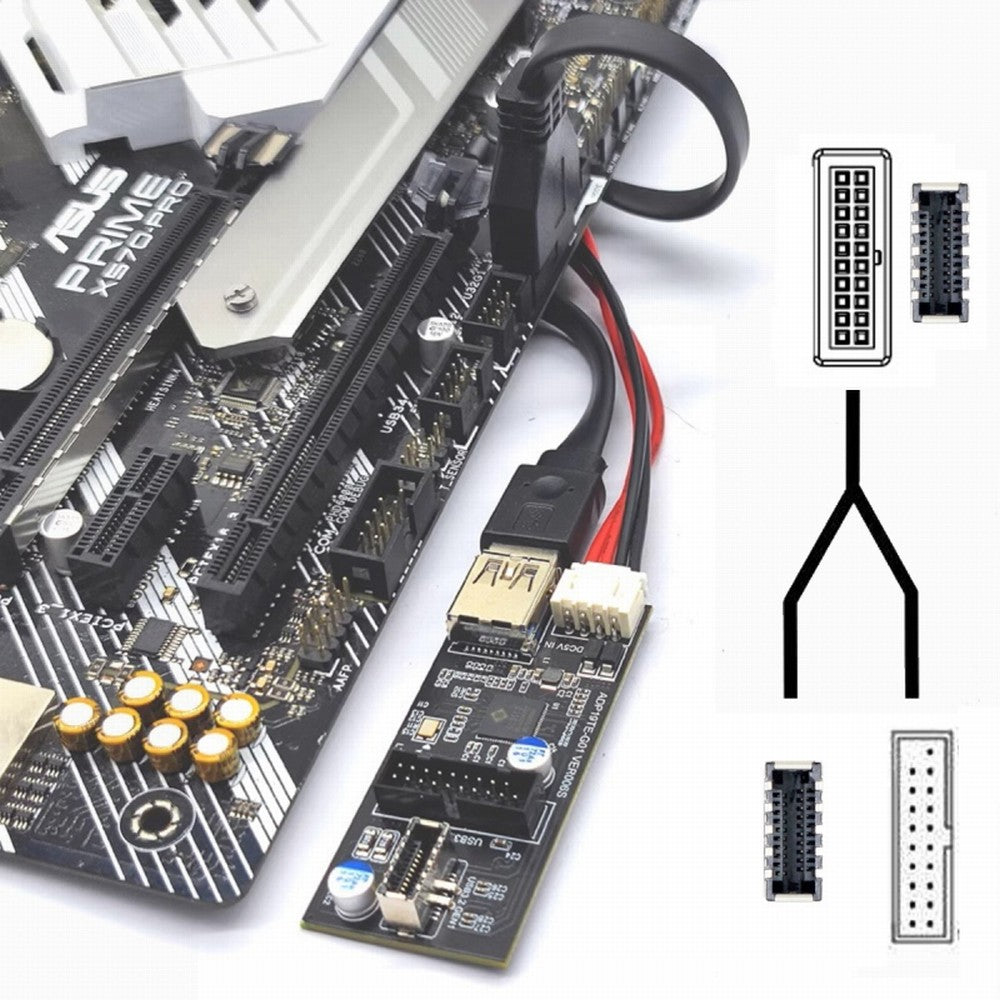 CY Type-E or 19/20Pin Header to USB 3.0 20Pin & Type-E Dual Ports Female PCBA Type Adapter Splitter HUB 5Gbps U3-084-EF+UC-117