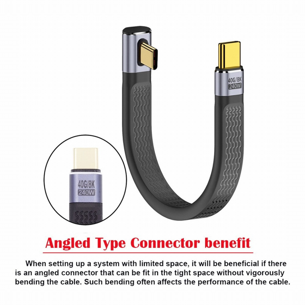 CY Low Profile Angled 240W Type-C USB-C Male to Male USB4 40Gbps 100W 8K Flat Slim FPC Data Cable for Laptop Phone 13cm UC-002-0.13L