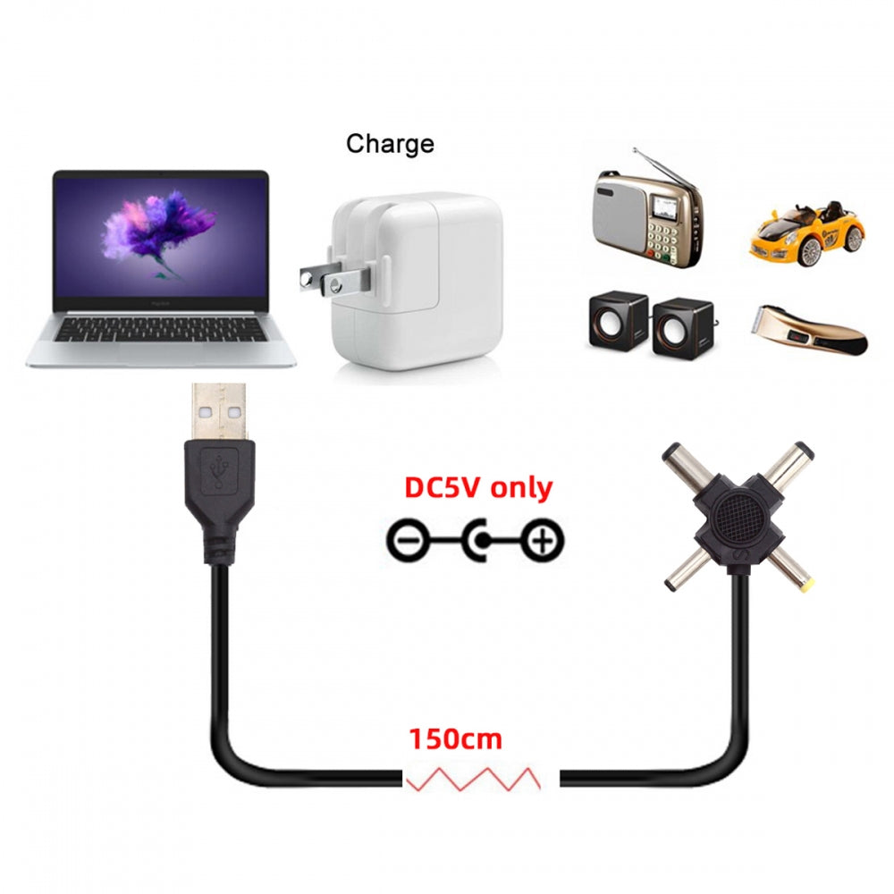 CY USB 2.0 Type-A Male to 4-in-1 DC 5V 5.5x2.5mm 5.5x2.1mm 4.0x1.7mm 3.5x1.3mm Power Plug Barrel Connector Charge Cable PW-010-AM