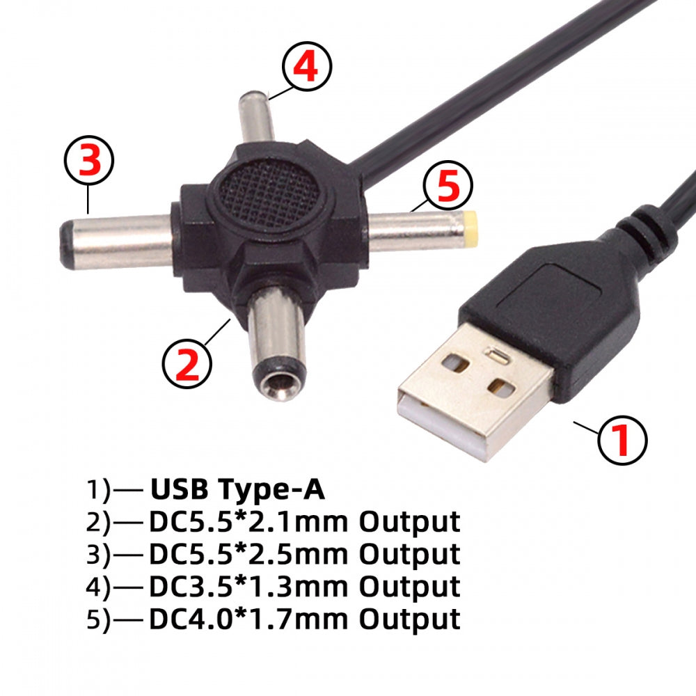 CY USB 2.0 Type-A Male to 4-in-1 DC 5V 5.5x2.5mm 5.5x2.1mm 4.0x1.7mm 3.5x1.3mm Power Plug Barrel Connector Charge Cable PW-010-AM