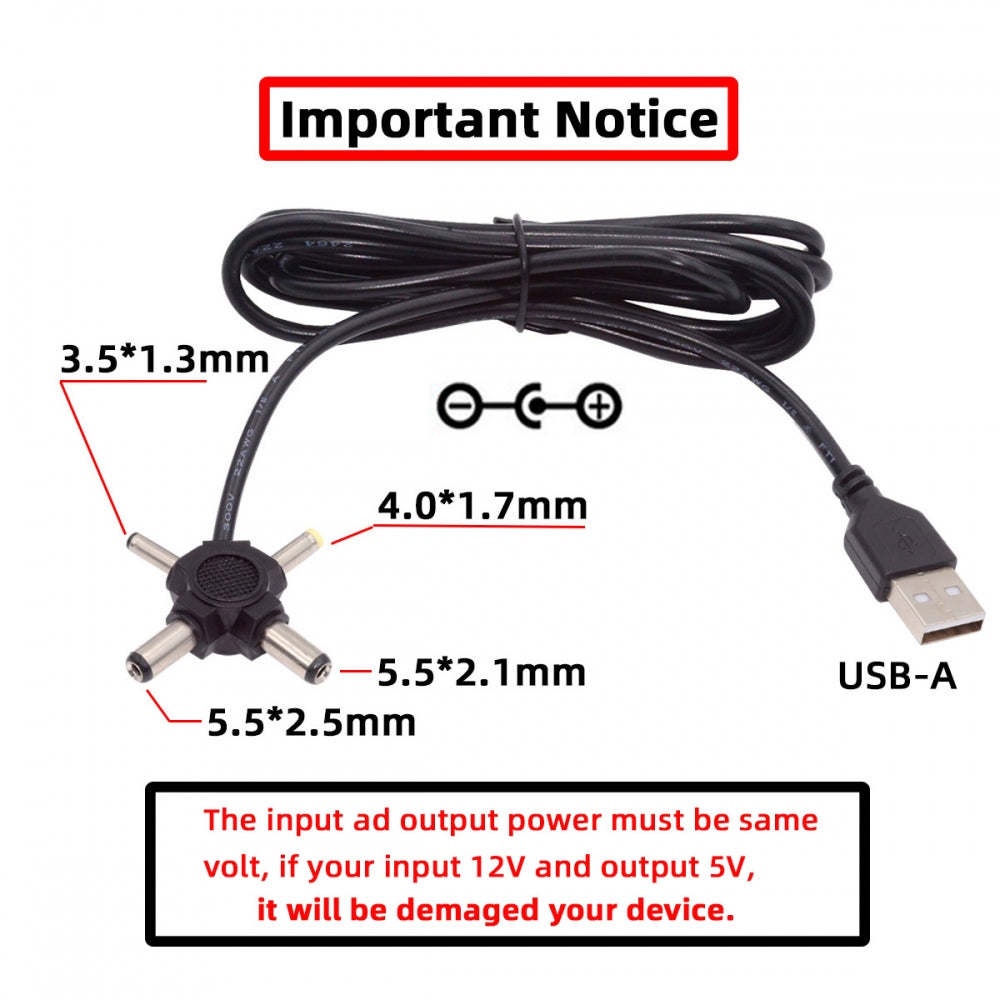 CY USB 2.0 Type-A Male to 4-in-1 DC 5V 5.5x2.5mm 5.5x2.1mm 4.0x1.7mm 3.5x1.3mm Power Plug Barrel Connector Charge Cable PW-010-AM