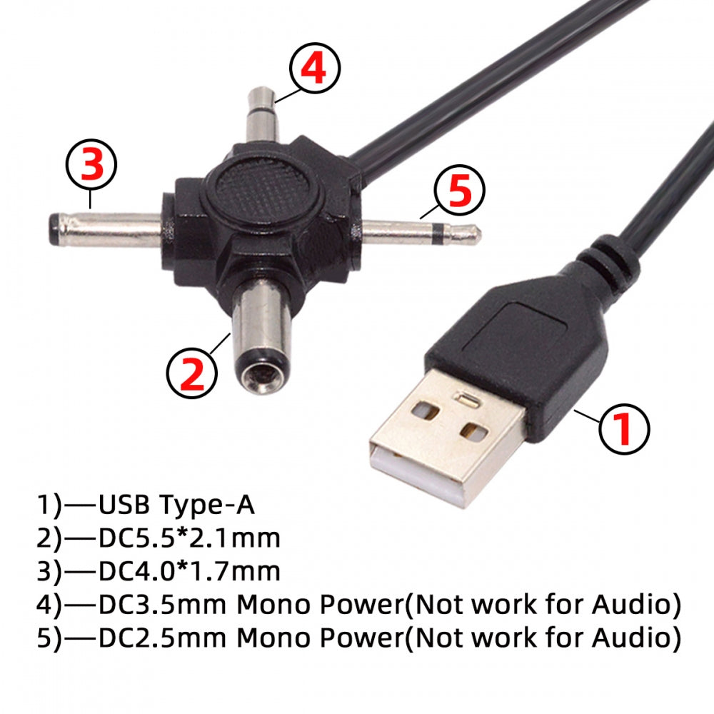 CY USB 2.0 Type-A Male to 4-in-1 DC 5V 5.5x2.1mm 4.0x1.7mm Mono 3.5mm 2.5mm Power Plug Barrel Connector Charge Cable PW-010-MO