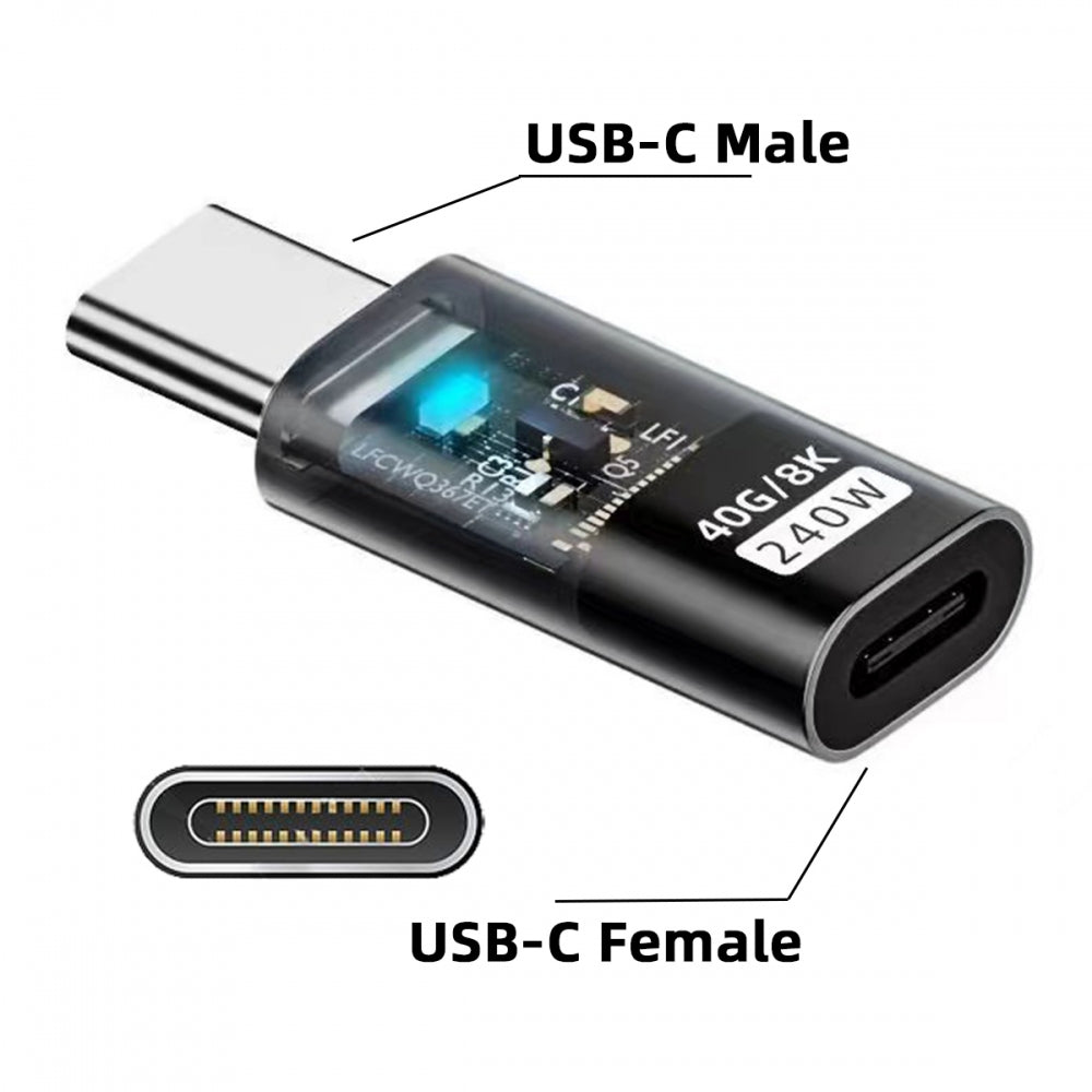 CY Transparent LED USB4 Type C Male to Female Extension 240W Power 40Gbps Data 8K Video Adapter for Phone Laptop UC-103-TR