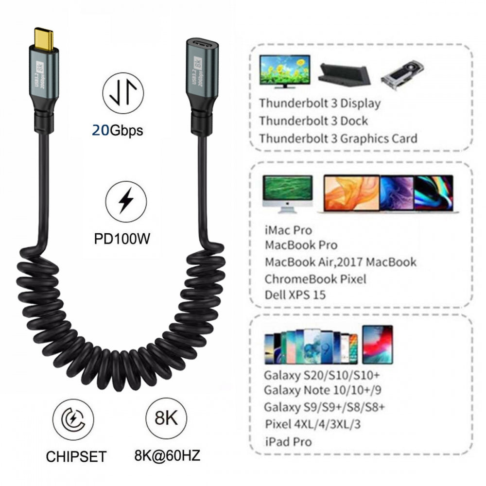 CY Stretch Coiled USB-C USB4 Cable 20Gbps 100W 8K for Laptop Keyboard Tablet Type-C Male to Female Extension Cable Power & Data UC-164-CF-1.8M