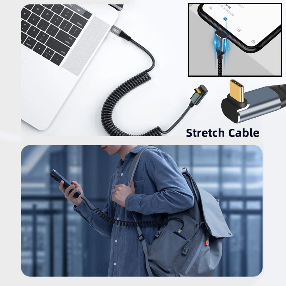 CY Stretch Coiled USB-C USB4 Cable 20Gbps 100W 8K Type-C Up Angled Male to Male Cable Power & Data for Laptop Keyboard Tablet UC-164-UP-1.8M