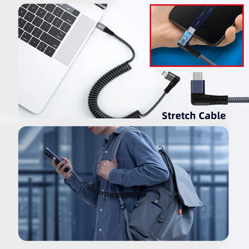 CY Stretch Coiled USB-C USB4 Cable 20Gbps 100W 8K Type-C Right Angled Male to Male Cable Power & Data for Laptop Keyboard Tablet UC-164-RI-1.8M