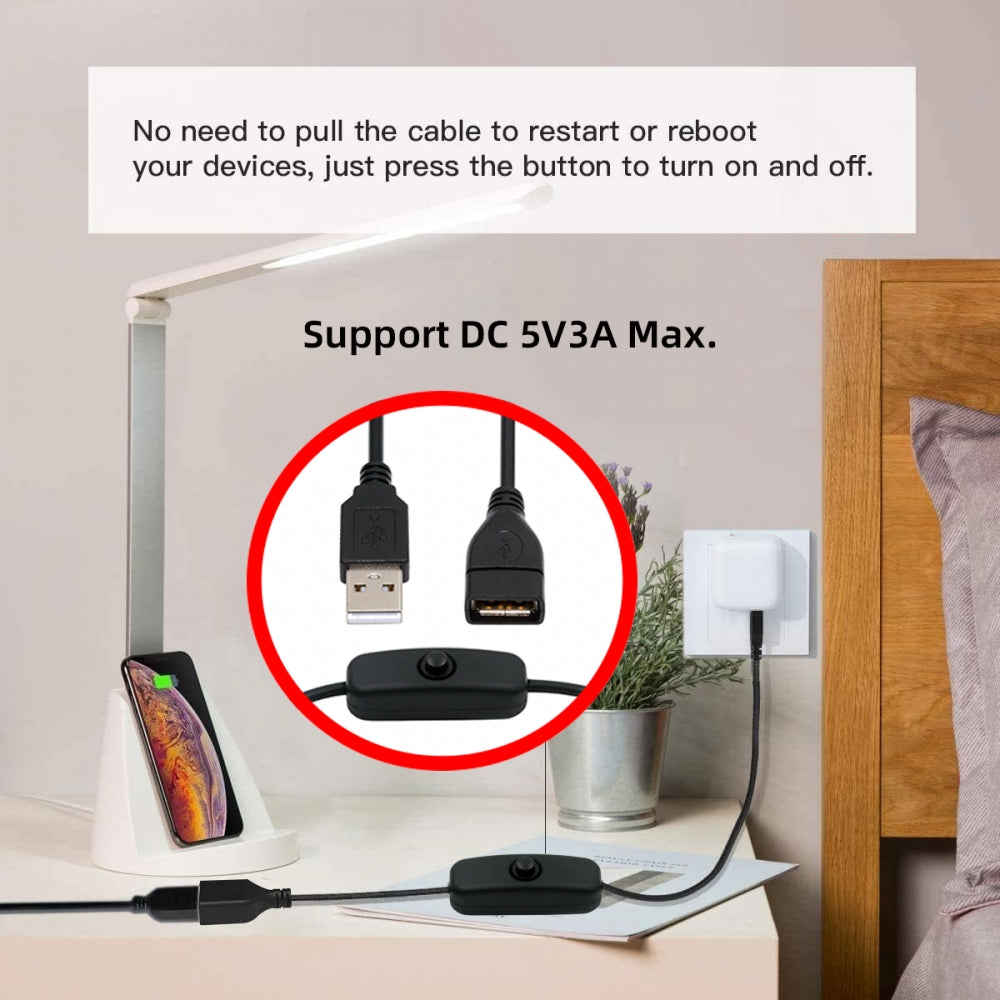 CY USB2.0 Cable with On Off Power Switch Button USB Type-A Male to Female for DC 5V Desk Lamp Fan Camera PW-012-AM