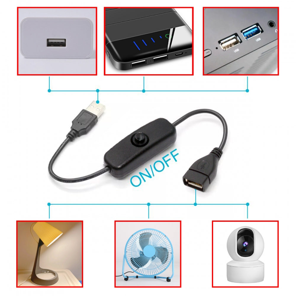 CY USB2.0 Cable with On Off Power Switch Button USB Type-A Male to Female for DC 5V Desk Lamp Fan Camera PW-012-AM