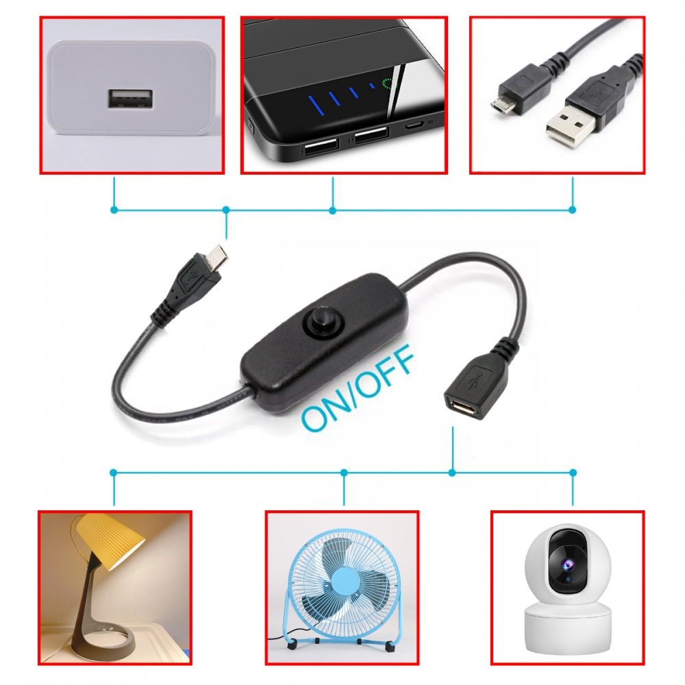 CY Micro USB2.0 Cable with On Off Power Switch Button Micro 5Pin Male to Female for DC 5V Desk Lamp Fan Camera PW-012-MM