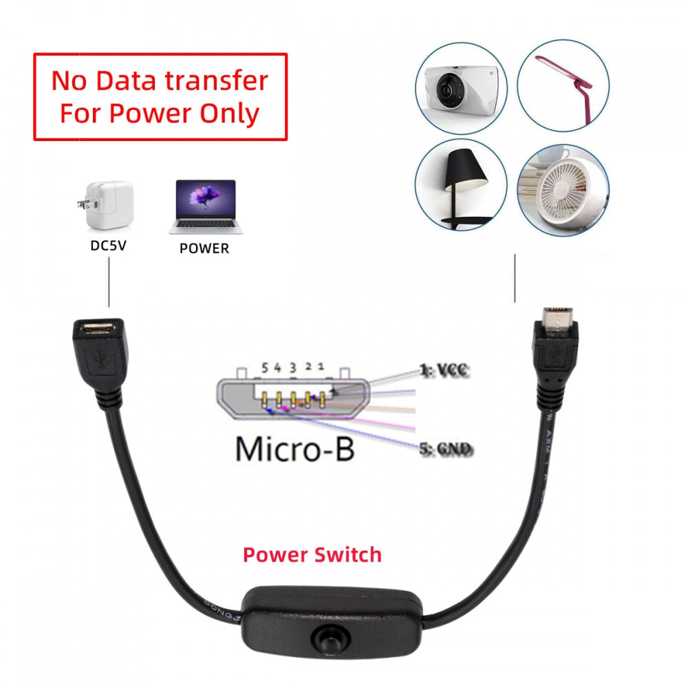 CY Micro USB2.0 Cable with On Off Power Switch Button Micro 5Pin Male to Female for DC 5V Desk Lamp Fan Camera PW-012-MM