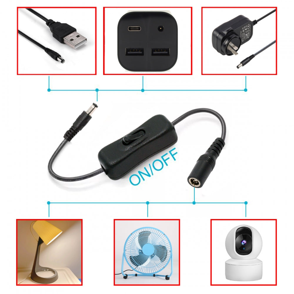 CY DC Cable with On Off Power Switch Button DC 5.5x2.1mm Male to Female for DC 5V Desk Lamp Fan Camera PW-012-DC