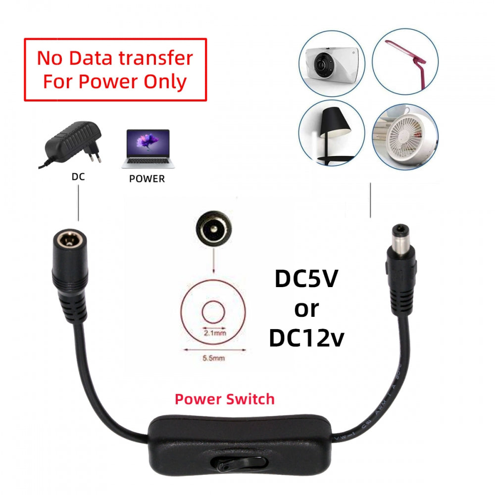 CY DC Cable with On Off Power Switch Button DC 5.5x2.1mm Male to Female for DC 5V Desk Lamp Fan Camera PW-012-DC