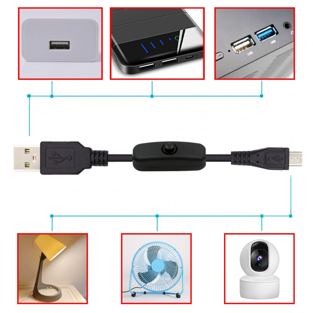 CY Micro USB2.0 to Type-A Cable with On Off Power Switch Button Micro 5Pin for DC 5V Desk Lamp Fan Camera PW-015-MM