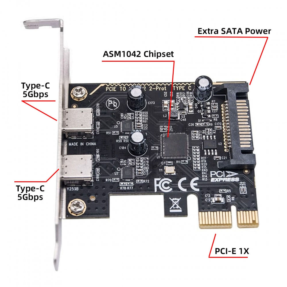 CY Card USB3.1 Gen1 5Gbps Dual Type-C USB-C Female to PCI-E Express 1x Card Adapter ASM1042 with Low Profile Bracket