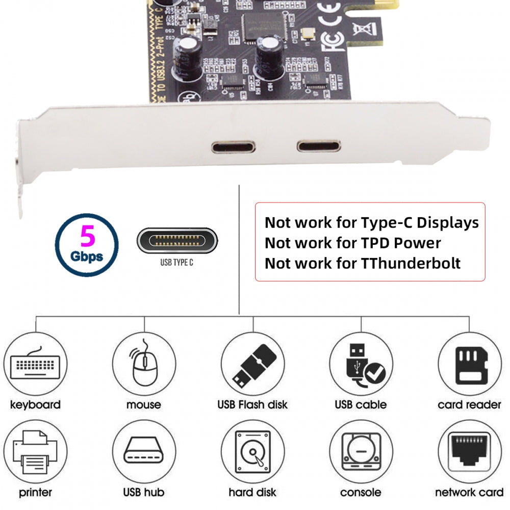 CY Card USB3.1 Gen1 5Gbps Dual Type-C USB-C Female to PCI-E Express 1x Card Adapter ASM1042 with Low Profile Bracket