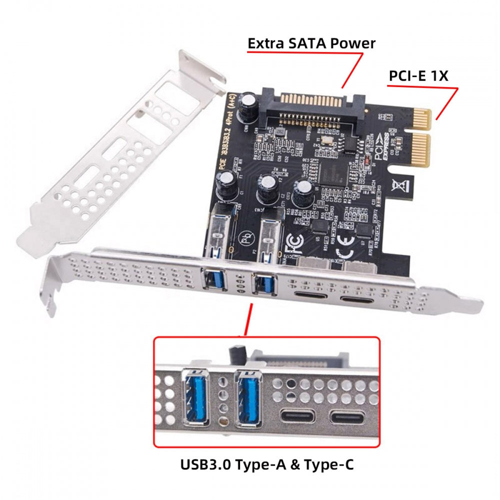 CY Card USB3.1 Gen1 5Gbps Dual Type-A & Type-C USB-C Female to PCI-E Express 1x Card Adapter uPD720201 with Low Profile Bracket UC-087-4P