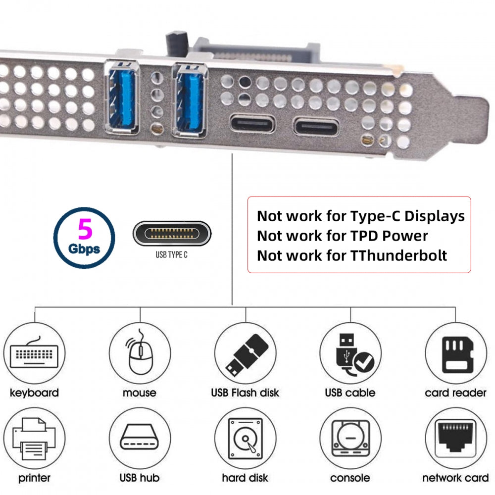 CY Card USB3.1 Gen1 5Gbps Dual Type-A & Type-C USB-C Female to PCI-E Express 1x Card Adapter uPD720201 with Low Profile Bracket UC-087-4P