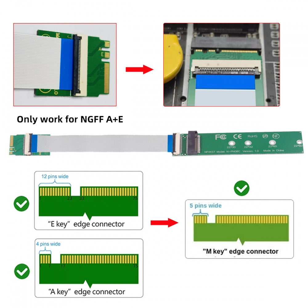 CY 2230 NGFF A+E-Key Male to NVME M-key Female Extension Cable for Laptop Mainboard SSD 2280