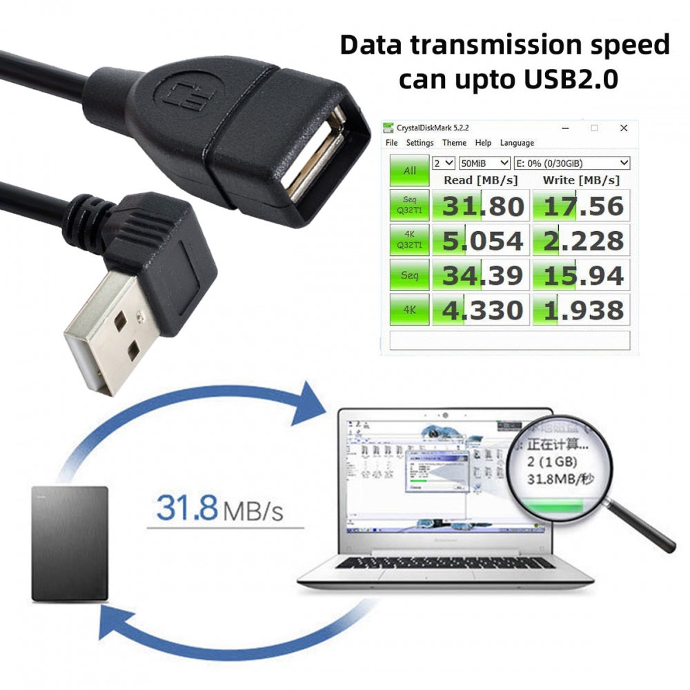 CY USB 2.0 Type-A Male to USB Female M-F Extension Cable 20cm 90 Degree Down Angled Type