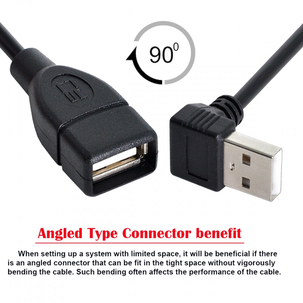 CY USB 2.0 Type-A Male to USB Female M-F Extension Cable 20cm 90 Degree Down Angled Type