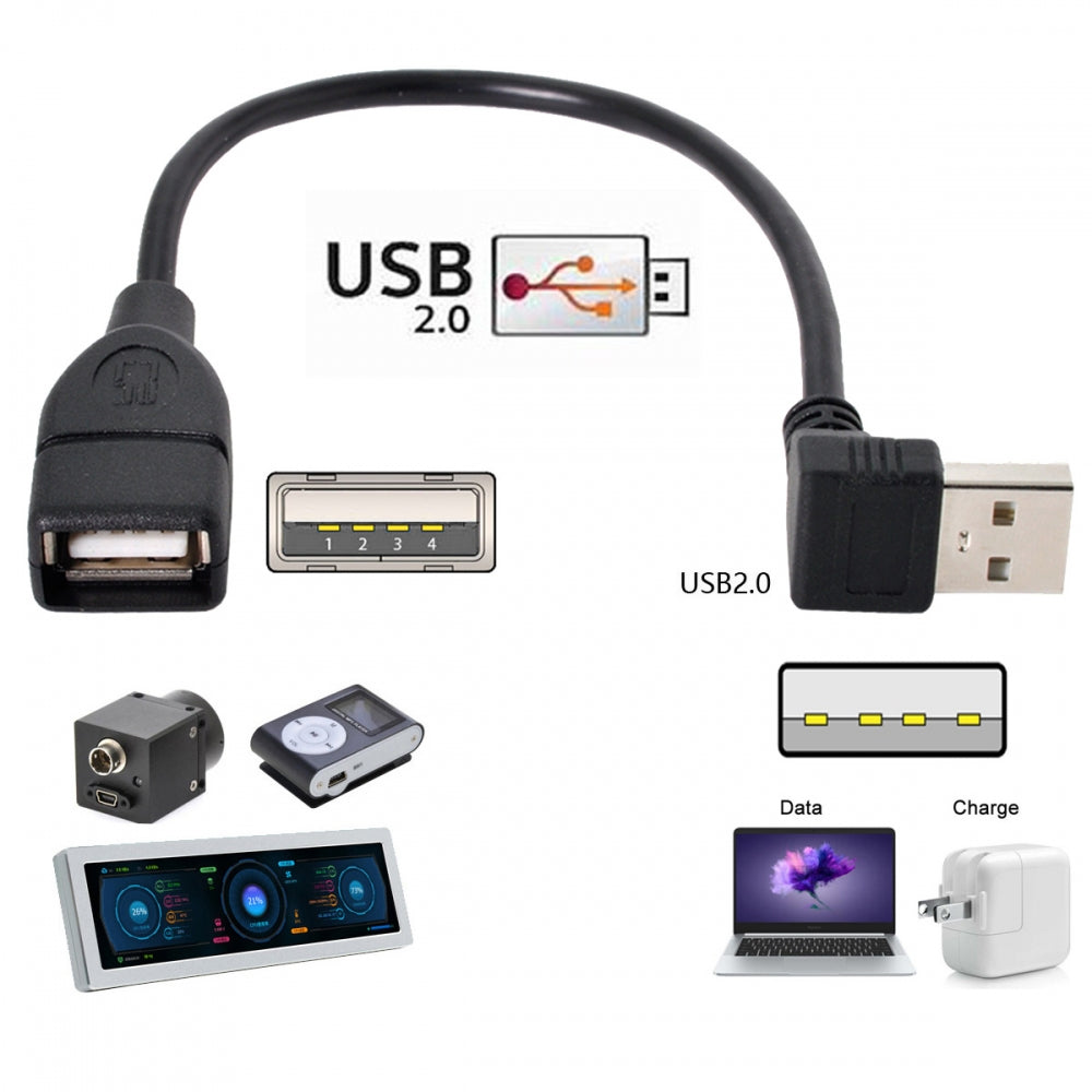 CY USB 2.0 Type-A Male to USB Female M-F Extension Cable 20cm 90 Degree Down Angled Type