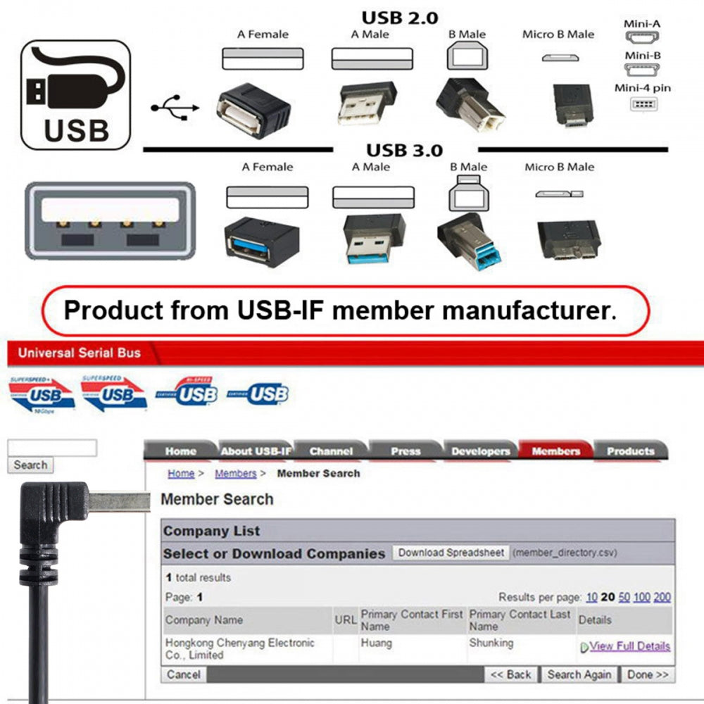 CY USB 2.0 Type-A Male to USB Female M-F Extension Cable 20cm 90 Degree Down Angled Type