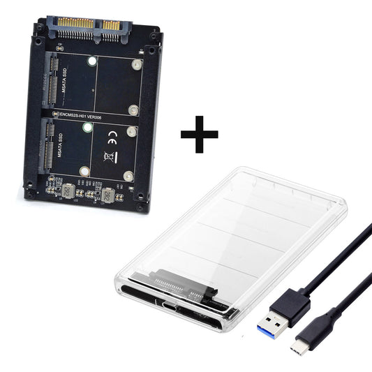 CY Dual MSATA Mini-SATA SSD Card JBOD Raid0 Span Bridge to USB3.0 Type-C USB-C 2.5inch SATA Combo Enclosure SA-049+UC-079-WH